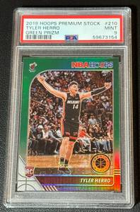lot 21A image: Tyler Herro RC Green Prizm 2019 Hoops Premium Stock #210 PSA 9 Mint Rookie Basketball Card