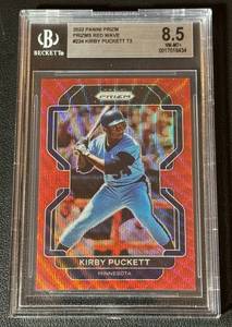 lot 23A image: Kirby Puckett 99 Beckett 8.5 NM-MT 2022 Prizm Red Wave #224 T3, numbered 7299, Minnesota Twins Baseball Card