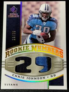 lot 24A image: Chris Johnson RC Patch 75 2008 SP Rookie Threads #RN-CJ Rookie Numbers, numbered 1375 Football Card