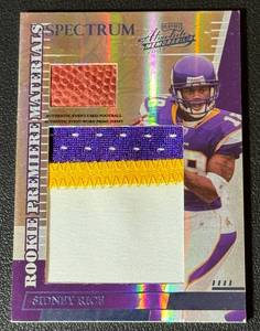 lot 29A image: Sidney Rice 10 RC Jumbo Tri-Color Patch and Ball Relic 2007 Donruss Playoff Absolute Rookie Premiere Materials Spectrum #267 Minnesota Vikings Football Card