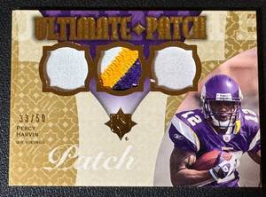 lot 36A image: Percy Harvin 3-Color Patch Gold 50 2009 Ultimate Collection #U-31, numbered 3350, Minnesota Vikings Football Card
