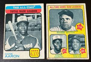 lot 76A image: 1973 Topps 2 Card Lot #1 Alltime HR Leaders Babe Ruth, Hank Aaron, Willie Mays and #473 Hank Aaron All-Time Total Base Leaders Vintage Baseball Cards