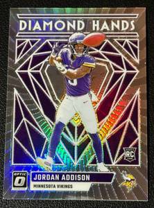 lot 84A image: Jordan Addison RC Refractor Insert 2023 Donruss Optic Prizm Diamond Hands #DH-JA, Rookie Minnesota Vikings Football Card