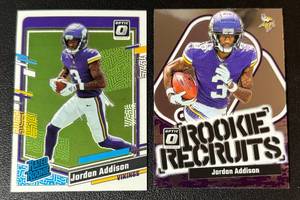 lot 112A image: Jordan Addison 2 RC Lot - 2023 Donruss Optice Rookie Recruits and Donruss Optic Minnesota Vikings Football Cards