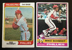 lot 43B image: Mike Schmidt 2 Card Lot - 1974 #283 and 1976 #480 Vintage Baseball Cards