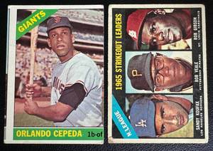 lot 65B image: 1966 Topps 2 Card Star Lot - Orlando Cepeda #132 and #225 NL Strikeout Leaders Koufax  Gibson Vintage Baseball Cards