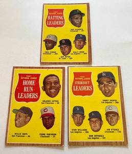 lot 26C image: 3 Card 1962 Topps Leaders Lot - Clemente, Mays, Koufax, Drysdale, Robinson, Cepeda and More #52, #54, #60 - Vintage Baseball Cards