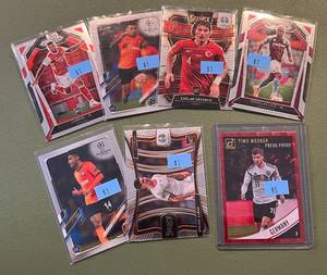 lot 135 image: 7 Card Football Lot - several rookies, Donruss Press Proof, Topps Chrome, Prizm, Select, Champions League, Euro 2020
