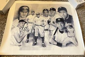 lot 145 image: New York Yankees Greats 24x28.5 Canvas Print by Jiang - Jeter, Jackson, Mantle, DiMaggio, Berra, Ruth, Gherig, Maris, Mattingly