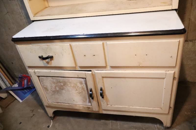 lot 19 image: Relisted No-Show...Antique Two-Piece Kitchen Farmhouse Cupboard By Sellers MCM Hardware wHand Painted Stencil Design