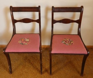 lot 5 image: Vintage Duncan Phyfe Mahogany Style Chairs wFloral Needlepoint Seat Pads...