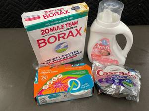 lot 60 image: 1.6 - Laundry and Cleaning Supplies Lot - Borax, Dreft, and More