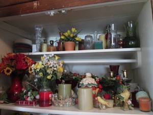 lot 256 image: 2 Shelves full of vases, candles, a...