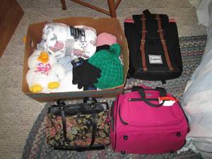 lot 263 image: Box of purses, travel bags, throw b...