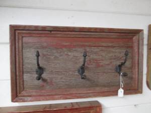 lot 111 image: Framed barnwood hanging coat rack w...