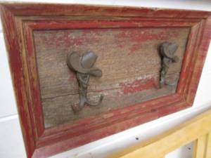 lot 112 image: Barnwood framed hanging coat rack w...