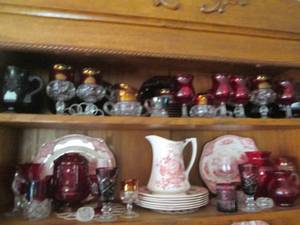 lot 28 image: 2 shelves filled with china and gla...