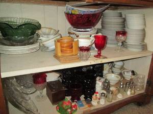 lot 30 image: Cupboard filled with glassware, sal...