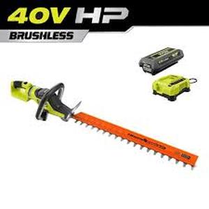 lot 32 image: RYOBI 40V HP Brushless 26 in. Cordless Battery Hedge Trimmer with 2.0 Ah Battery and Charger  Customer Returns See Pictures