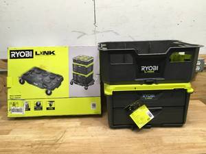 lot 13 image: Ryobi Lonk 4 Wheel Dolly Base and 2 Storage Bins