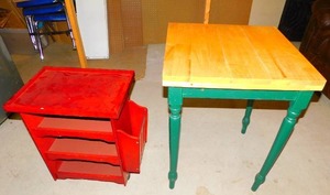 Magazine Rack Table With Three Divided Shelves & A Wooden Counter Table With Four Green Spindled Legs