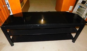 Black T.V. Stand Or Coffee Table With Two Shelves -Brass Table Lamp With A White Shade