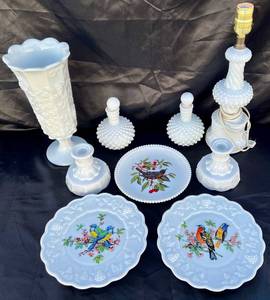 Milk Glass Collection - Vase, Compotes, Decanters, Plates, and Lamp