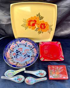 Asian Inspired Bundle - Vintage Tray, Rice Noodle Soup Porcelain Spoons, Tissue Holder, Ashtray and Daher Decorated Ware Metal Bowl