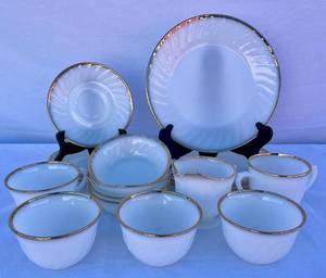 Vintage MCM Fire King Oven Wear Milk Glass with Gold Trim Set