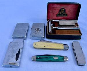 Vintage Gentlemans Collection - 3 Pocket Knives, Ever-Ready Shaving Kit and 3 Lighters