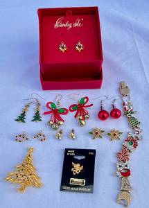 Collection of Christmas Themed Jewelry- Earrings, Brooches, Bracelet and Pin