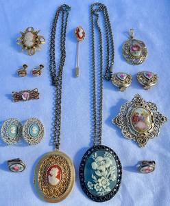Vintage Cameo Jewelry Collection - 2 necklaces, 4 Pins, 4 sets of clip earrings and one pendant