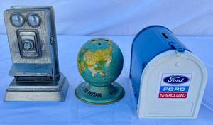 Vintage Bank Collection - Ertl Mailbox Bank, Banthrico Cast Metal Wall Telephone Bank and Metal World Bank