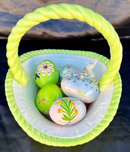 Ceramic Easter Basket with 7 Hand Painted, Hand Decorated Eggs