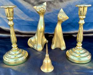 Solid Brass Bundle - Pair of cats, candleholders and snuffer