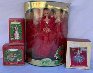 Barbie Collection - 1993 Holiday Barbie and 3 Hallmark Barbie Ornaments