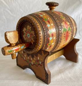 Vintage Wooden Enamel Barrel Keg with Copper Bands and Stand