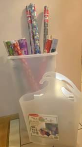 Holiday Wrapping Bundle - 14 Rolls of Wrapping Paper, Rubbermaid Storage Box, Rubbermaid Gift Bag Tote and Gift Boxes