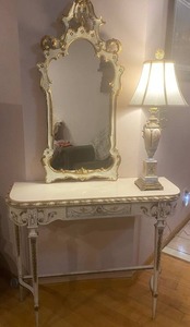 Antique Italian Console & Mirror with Antique French Floral Table Lamp