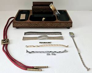 lot 32 image: Vintage Wood SWANK Tray w Gemex Watch & Other Accessories