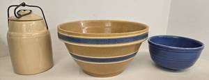 lot 51 image: 2 Antique Pottery Bowls & 1 Stoneware No. 4 Crock 