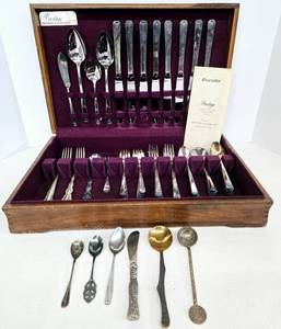 lot 61 image: Antique PRESTIGE Silver Plate Flatware in Wood Box 