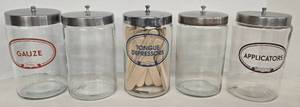 lot 25 image: Vintage Set of 5 GRAFCO Medical Glass Storage Jars wLids 