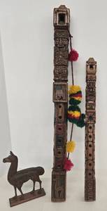lot 24 image: 2 Vintage Bolivian Wooden Flute Pipe & Carved Llama Figurine