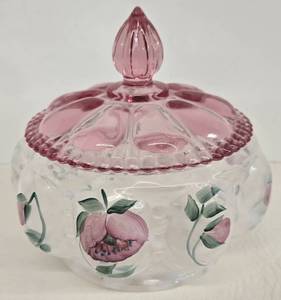 lot 69 image: Vintage FENTON Trellis Melon Hand Painted PowderCandy Dish wLid - Signed