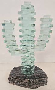 lot 71 image: Vintage Stacked Glass Saguaro Cactus Sculpture on Stone Base