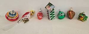 lot 79 image: European Style Glass Mouth Blown Ornaments including Ribbon Candy and Frog - Qty 7