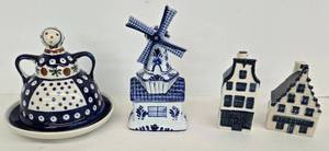 lot 96 image: Vintage Boleslawiec Lady Dish, Holland Windmill & KLM Miniature Houses  