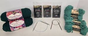 lot 102 image: Vintage LION BRAND & LILY Yarn Skeins & ADDI Knitting Circular Needles 