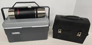 lot 109 image: Vintage Thermos Lunch Cooler & Thermos and Aladdin Lunchbox wStanley Thermos